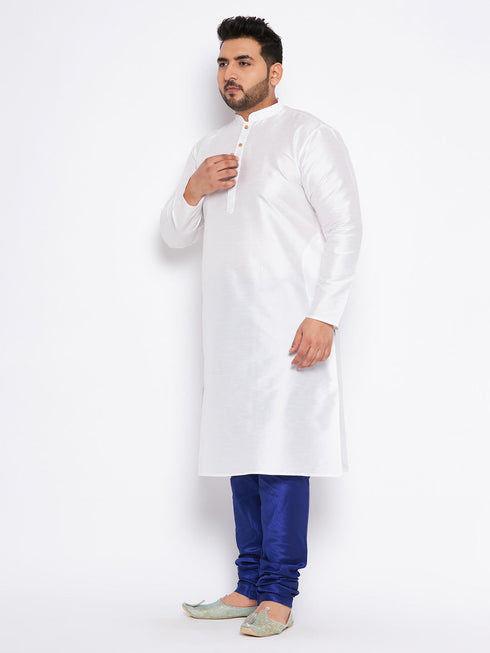 Jashvi Men's Plus Size White Silk Blend Kurta And Blue Pyjama Set